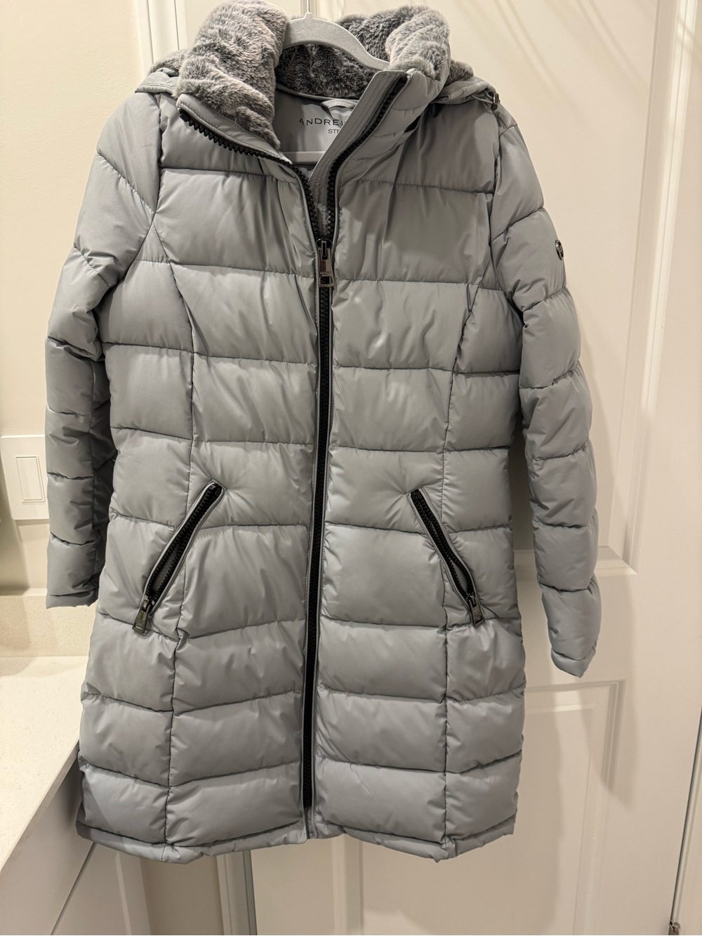 Andrew Marc Light Gray Quilted Puffer Coat with Teddy Trim Hood